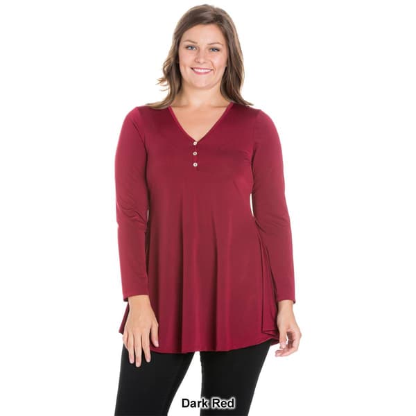 Plus Size 24/7 Comfort Apparel Flared Long Sleeve Henley Tunic