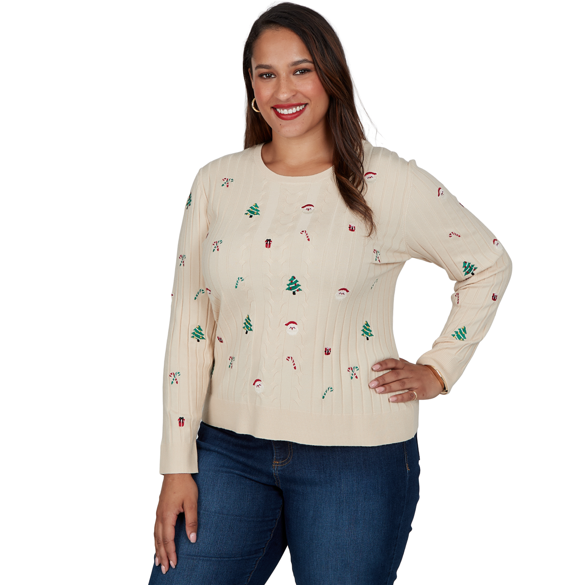 Plus Size Ruby Rd. Happy Holidays Embroidered Christmas Sweater