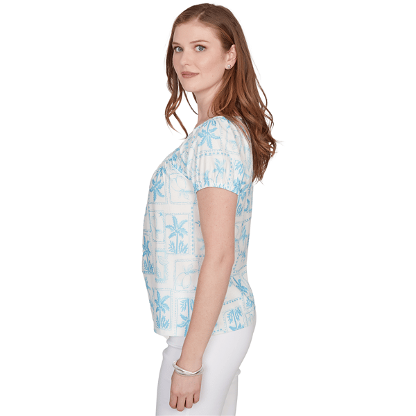 Petite Hearts of Palm Aqua Fresh Postcard Tropical Blouse
