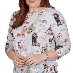 Petite Alfred Dunner Classics 3/4 Sleeve Gift Giving Dogs Tee