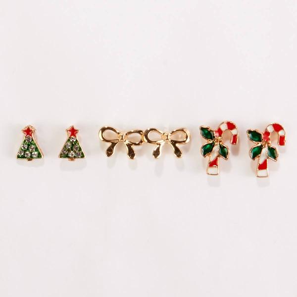 Candy Cane/Christmas Tree/Bows Trio Stud Earrings - image 