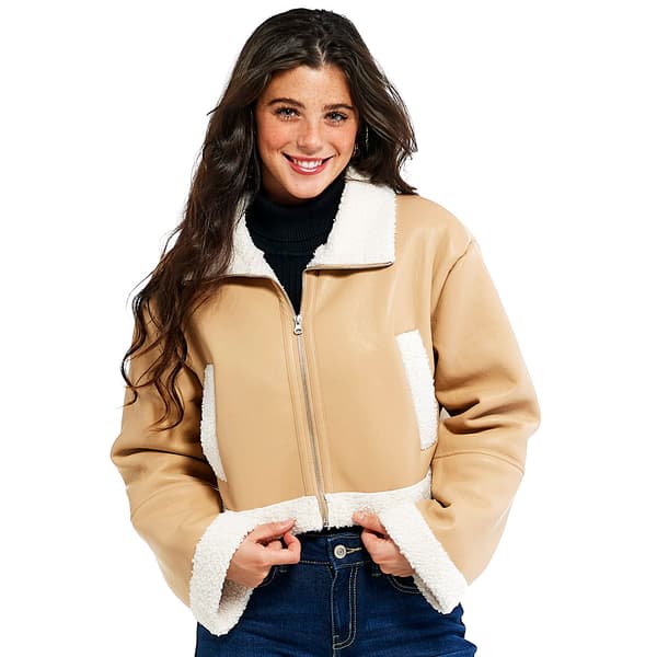 Juniors Love Tree Cropped Sherpa Trim Faux Suede Jacket - image 