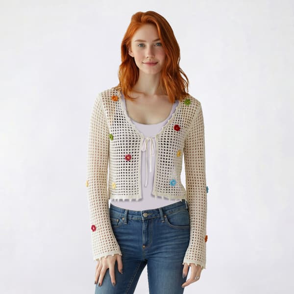 Juniors No Comment Long Sleeve Crochet Mesh Tie Front Cardigan