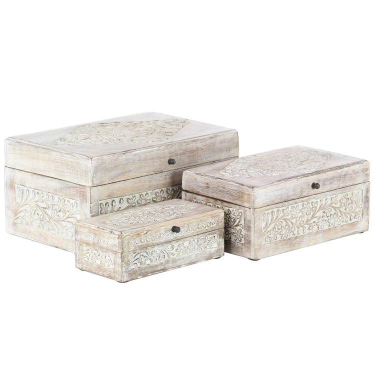 9th &amp; Pike(R) Carved Floral White Wood Storage Box - Set Of 3