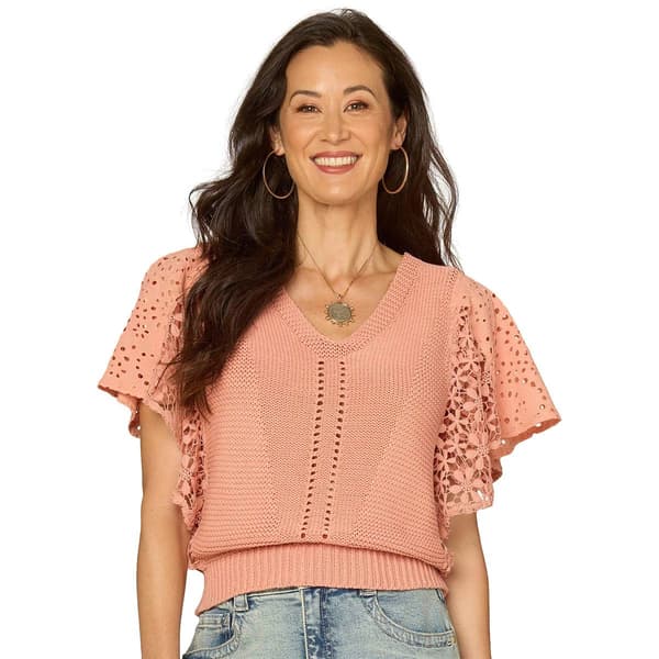 Womens Democracy Short Flutter Sleeve V Neck Mix Media Blouse