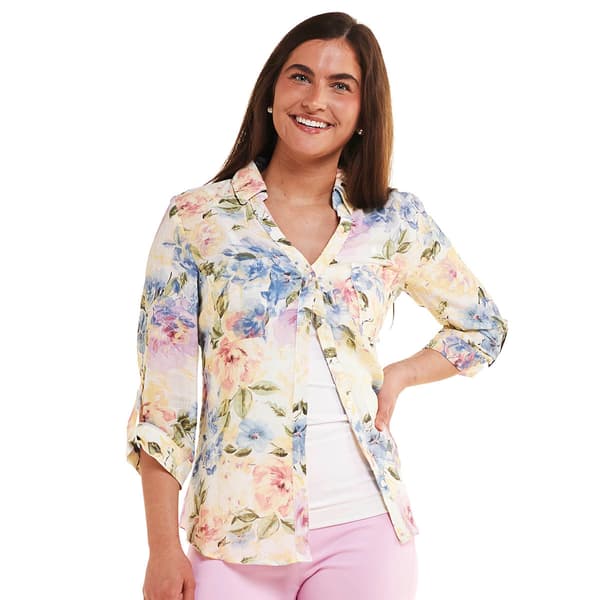 Juniors A. Byer Floral Roll Tab Sleeve Portofino Blouse - image 
