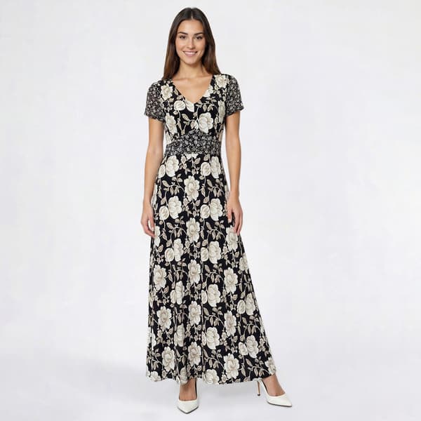 Womens Perceptions Short Sleeve V-Neck Floral Midi Dress - image 