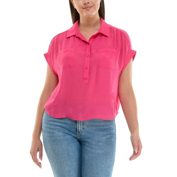 Womens Zac & Rachel Cap Sleeve Solid 1/4 Button Blouse - image 