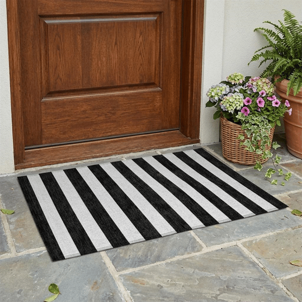 HomeRoots Black & White Striped Washable Accent Rug - image 