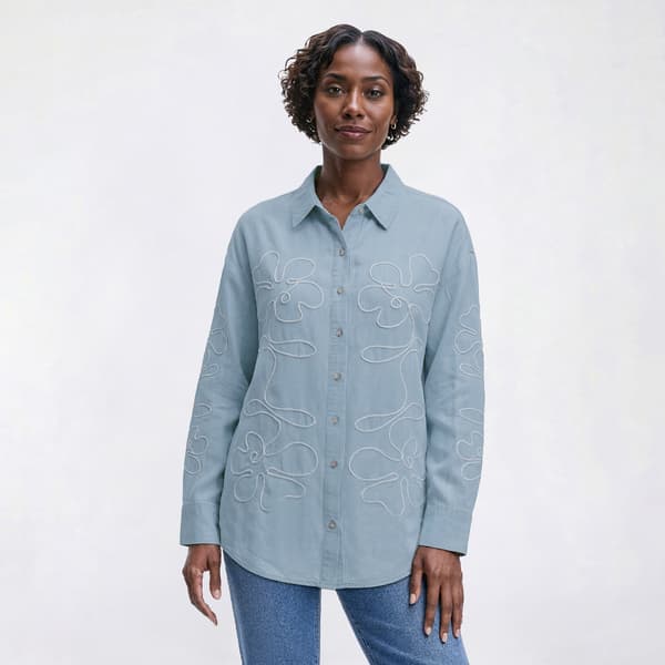 Womens Nicole Miller Long Sleeve Embroidered Floral Button Down - image 