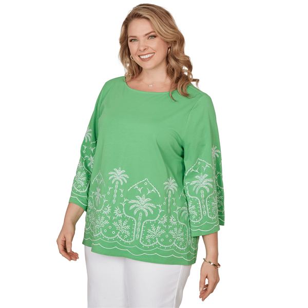 Plus Size Ruby Rd. Hothouse Florals Palm Tree Embroidery Blouse