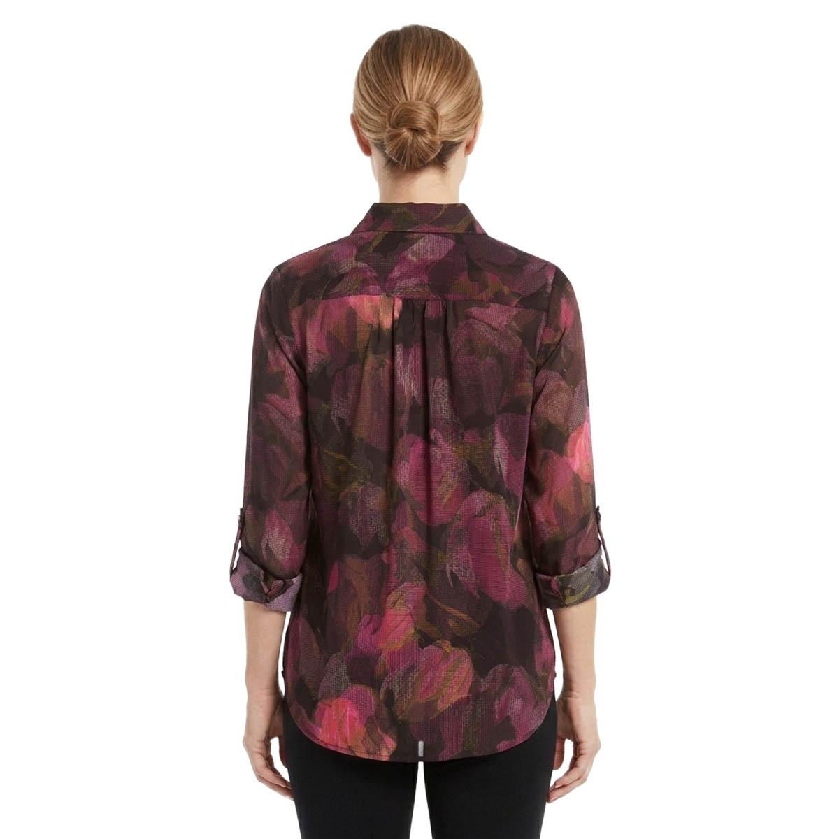 Womens DKNY Long Sleeve Roll Tab Blurred Floral Blouse