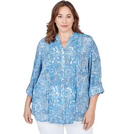 Plus Size Ruby Rd. Blue Horizon Woven Floral Casual Button Down