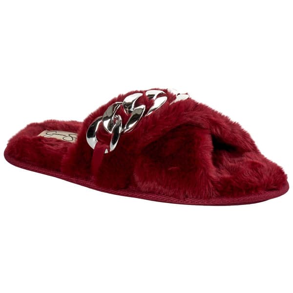 Womens Jessica Simpson Chain Plush Cross Band Slippers