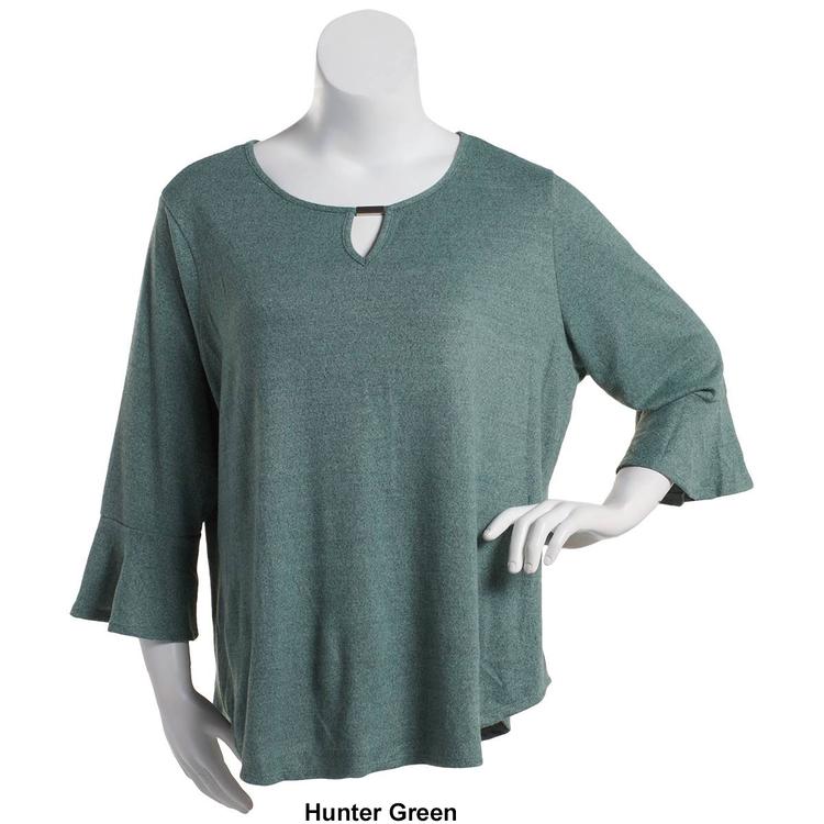 Petites Notations 3/4 Ruffle Sleeve Solid Hacci Keyhole Blouse