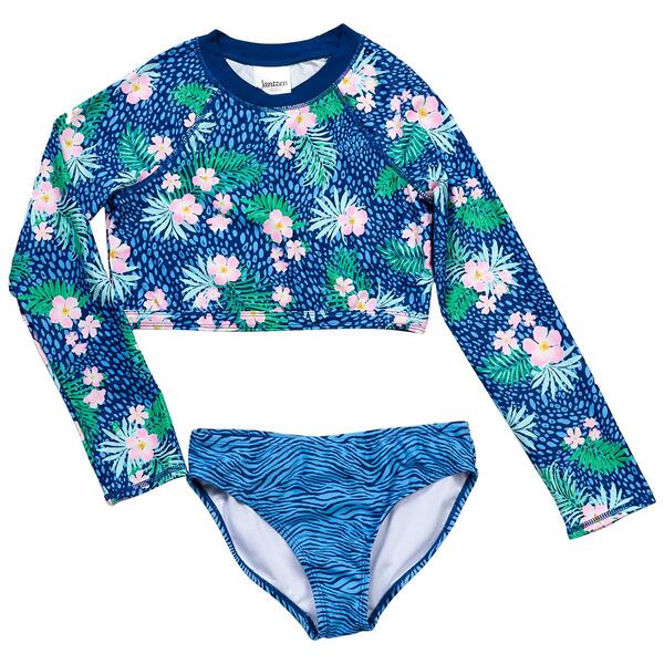 Girls &#40;7-16&#41; Jantzen 2pc. Floral Big Cat Rash Guard Swim Set - image 