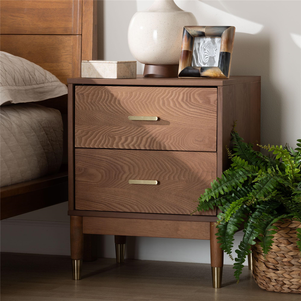 Baxton Studio Mandolin Ash Walnut Wood 2-Drawer Nightstand