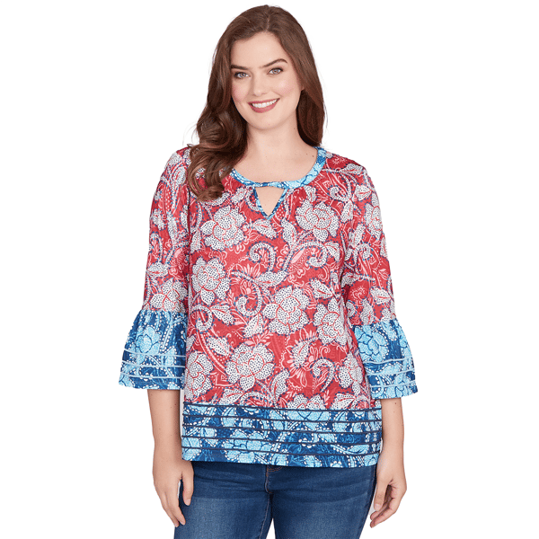 Plus Size Ruby Rd. Indigo Go Speckled Floral Flounce Sleeve Top