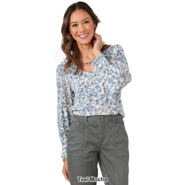 Womens Democracy Long Cuff Sleeve V-Neck Floral Blouse