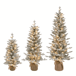 Puleo International Set of 3 Flocked Spruce Trees w/ Burlap Base