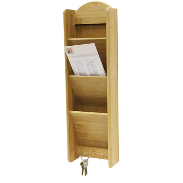 Home Basics 3 Tier Bamboo Letter Rack & Key Hooks - image 