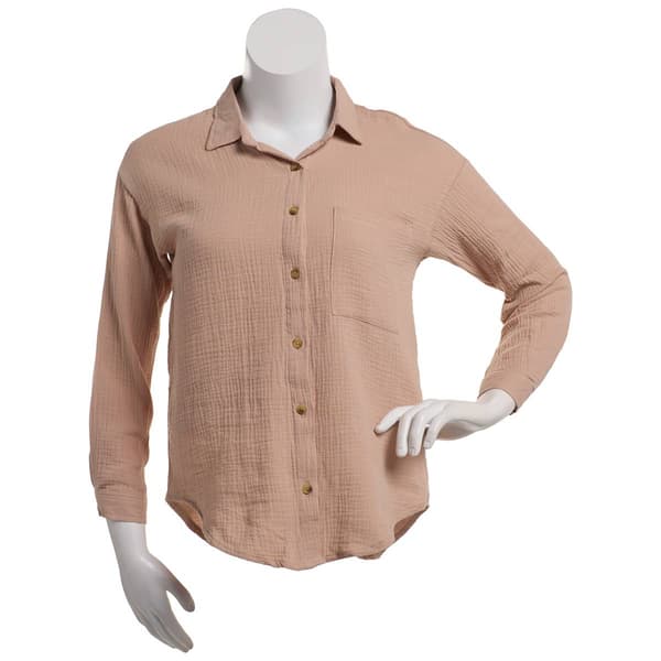 Juniors No Comment Tulum Crinkle Gauze Casual Button Down - image 