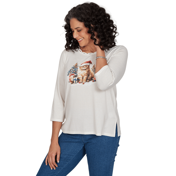 Womens Alfred Dunner Classics 3/4 Sleeve Santa Cat Tee