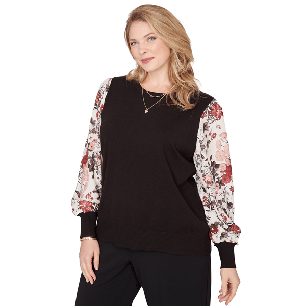 Plus Size Emaline Dusted Petals Floral Bishop Sleeve Sweater