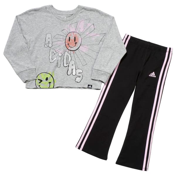 Girls &#40;4-6x&#41; adidas&#40;R&#41; Smiley Tee & 3-Stripe Flare Pants Set - Grey - image 
