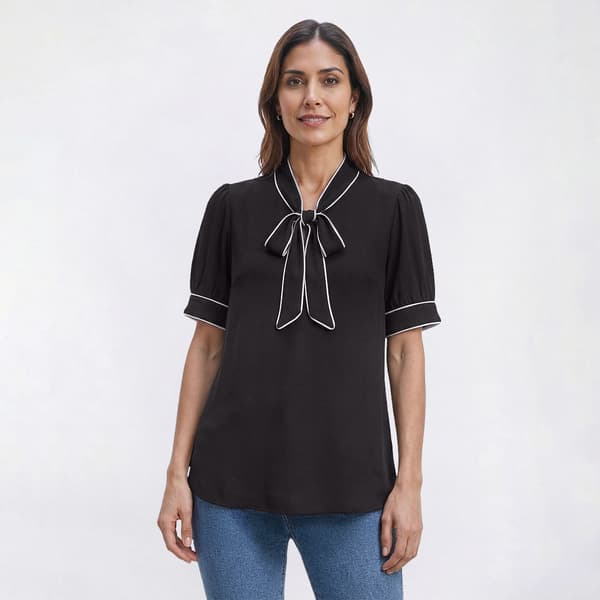 Womens Adrianna Papell Short Puff Sleeve Tipped Tie Neck Blouse - image 
