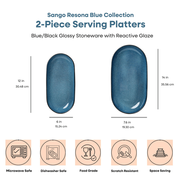 Sango Resona Blue/Black Large Ceramic Serving Platters - Set of 2