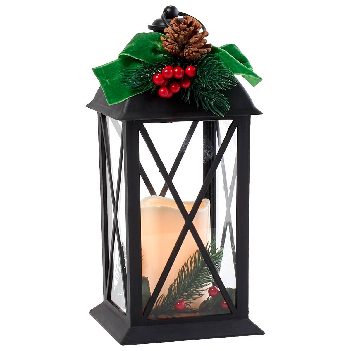 Decorative Lantern w/ Greens & Velvet Bow