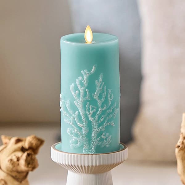 Soft Teal Embossed Coral Pillar Candle - image 