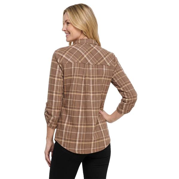 Petites Emily Daniels 3/4 Sleeve Plaid Split Neck Blouse