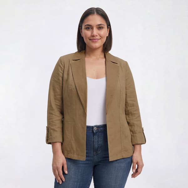 Plus Size Kasper Long Cuff Sleeve Open Front Linen Jacket