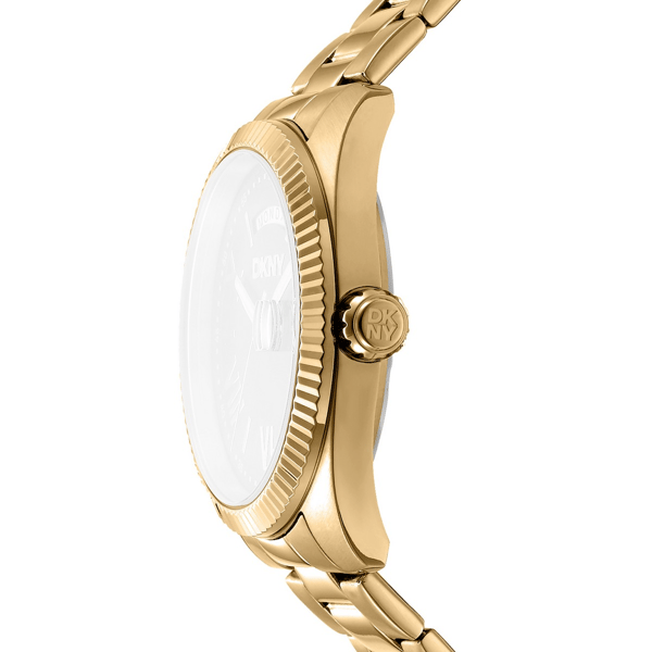 Mens DKNY Day Date Fluted Bezel Gold Bracelet Watch-DK1G141M0065