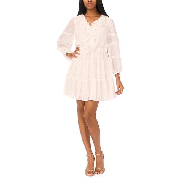 Womens MSK Long Sleeve Ruffle Trim V Neck Foil A-Line Dress