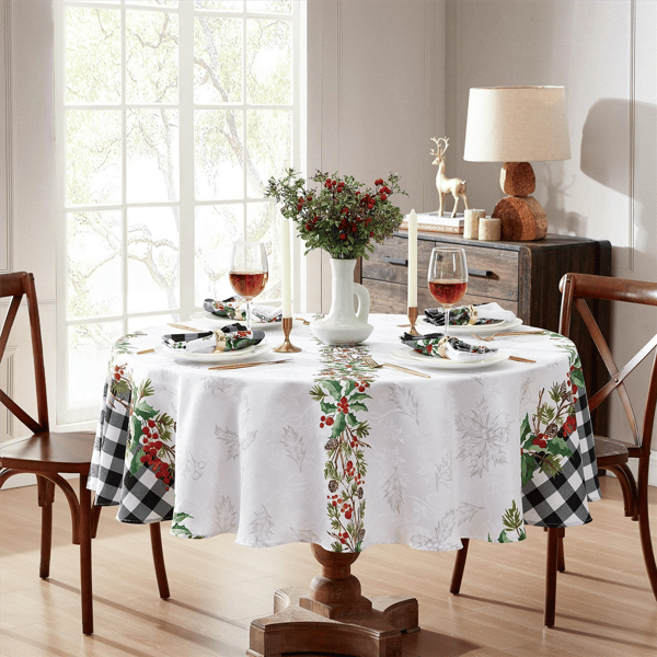 Threadmade Holly Farmhouse Charm Holiday Fabric Tablecloth