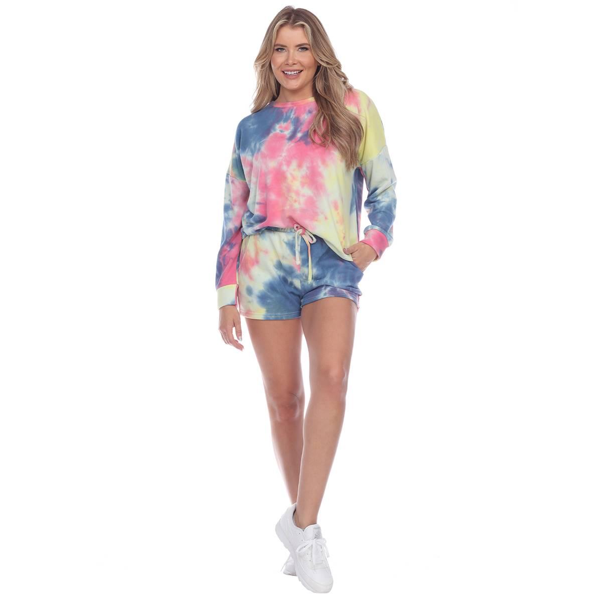Womens White Mark Tie-Dye Lounge Top And Shorts Set