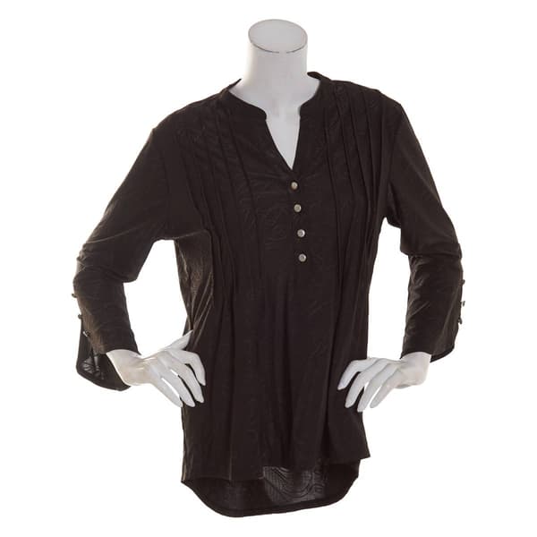 Womens Notations 3/4 Sleeve Print Jacquard Pleat Henley