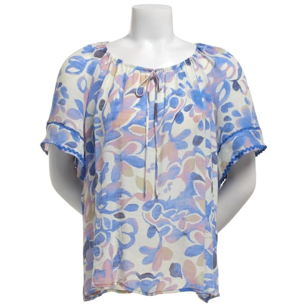 Womens Zac & Rachel Double Scallop Trim Sleeve Floral Blouse - image 