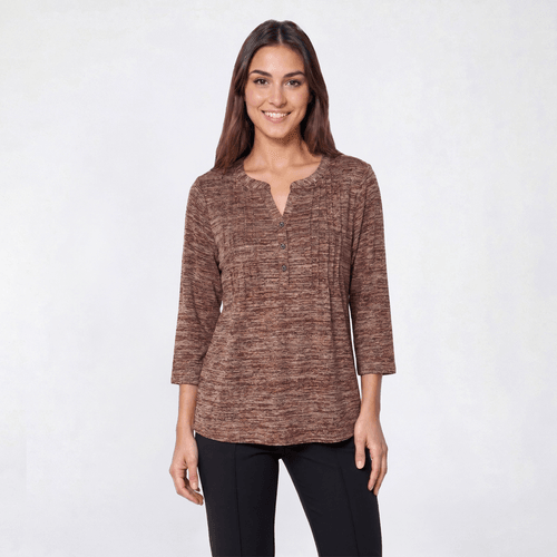 Petite Napa Valley 3/4 Sleeve Marled Pleated Knit Blouse