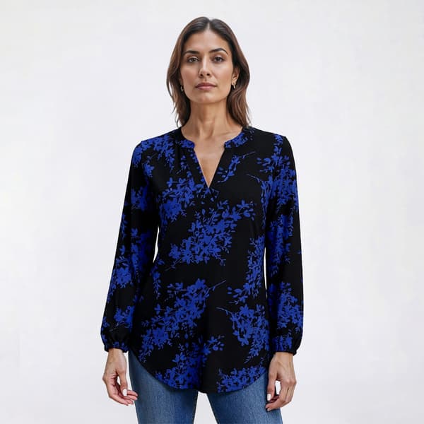 Petite Anne Klein Split Neck Floral Leaf Blouse