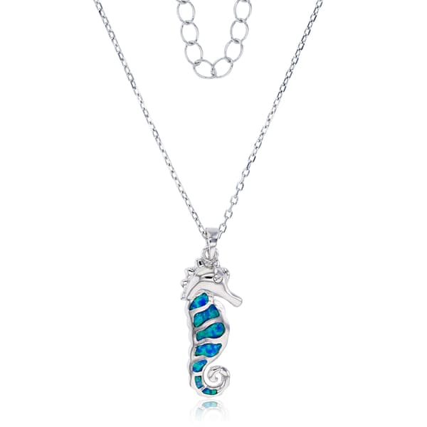 Gemstone Classics(tm) Silver & Created Opal Seahorse Necklace - image 