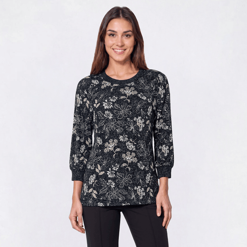 Plus Size Bonnie Evans 3/4 Sleeve Outline Floral Hacci Sweater - image 