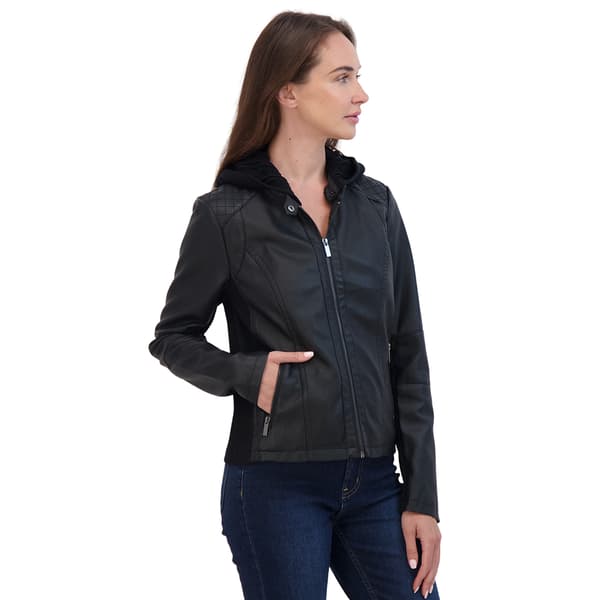 Womens Sebby Faux Leather Jacket w/Scuba Side & Knit Hood