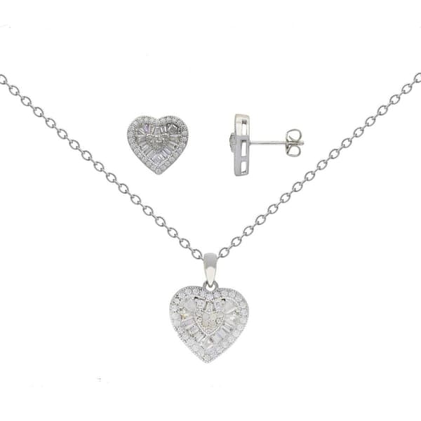 Gianni Argento Fine Silver Plated Diamond Heart Baguette 2pc. Set - image 