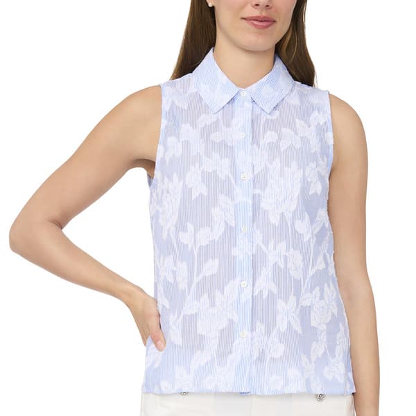 Womens Cece Sleeveless Button Front Floral Embroidered Blouse - image 