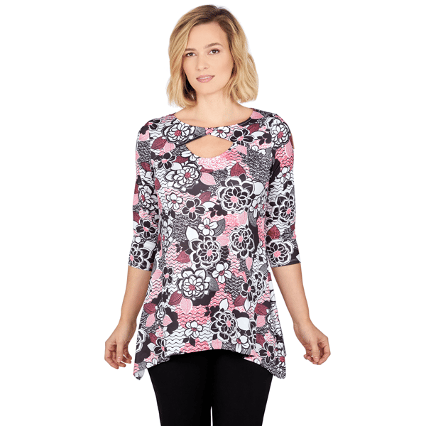 Plus Size Ruby Rd. Larky Lark Key Hole Top In Bold Floral - image 