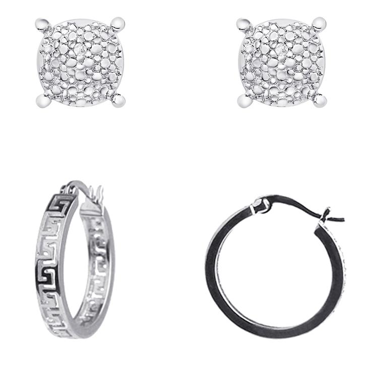 Accents by Gianni Argento Silver Stud & Greek Key Hoop Earrings